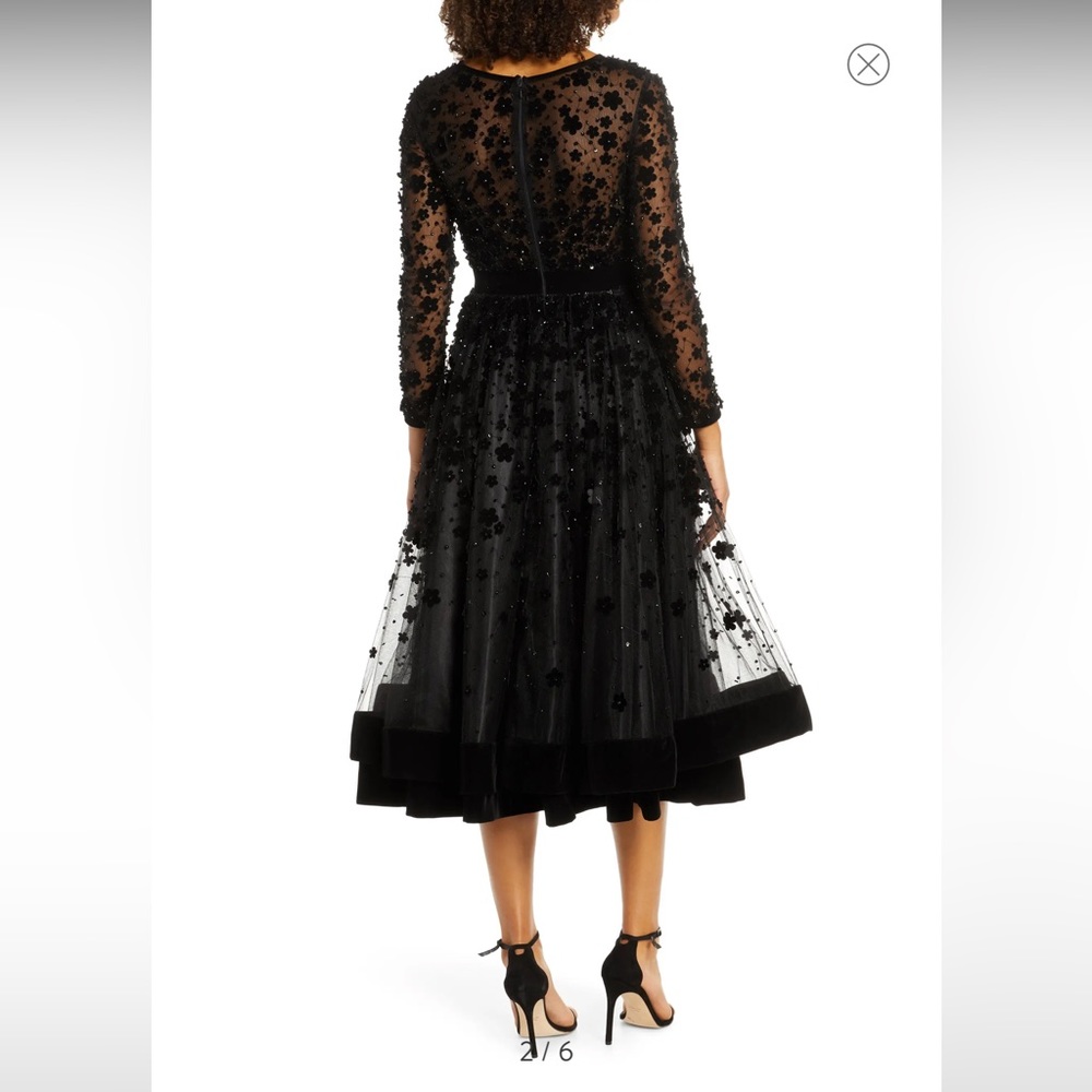 Long Sleeve Fit & Flare Velvet Embellished Cocktail Dress; black; size 6